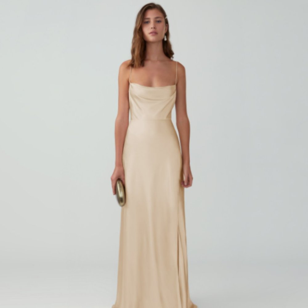 FAME & PARTNERS STRAPPY DRAPED DRESS, LIGHT NUDE
